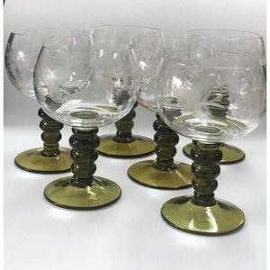 Set Of 6 German ROEMER RHINE Etched Grapes Wine Glasses w/ Olive Green Stems